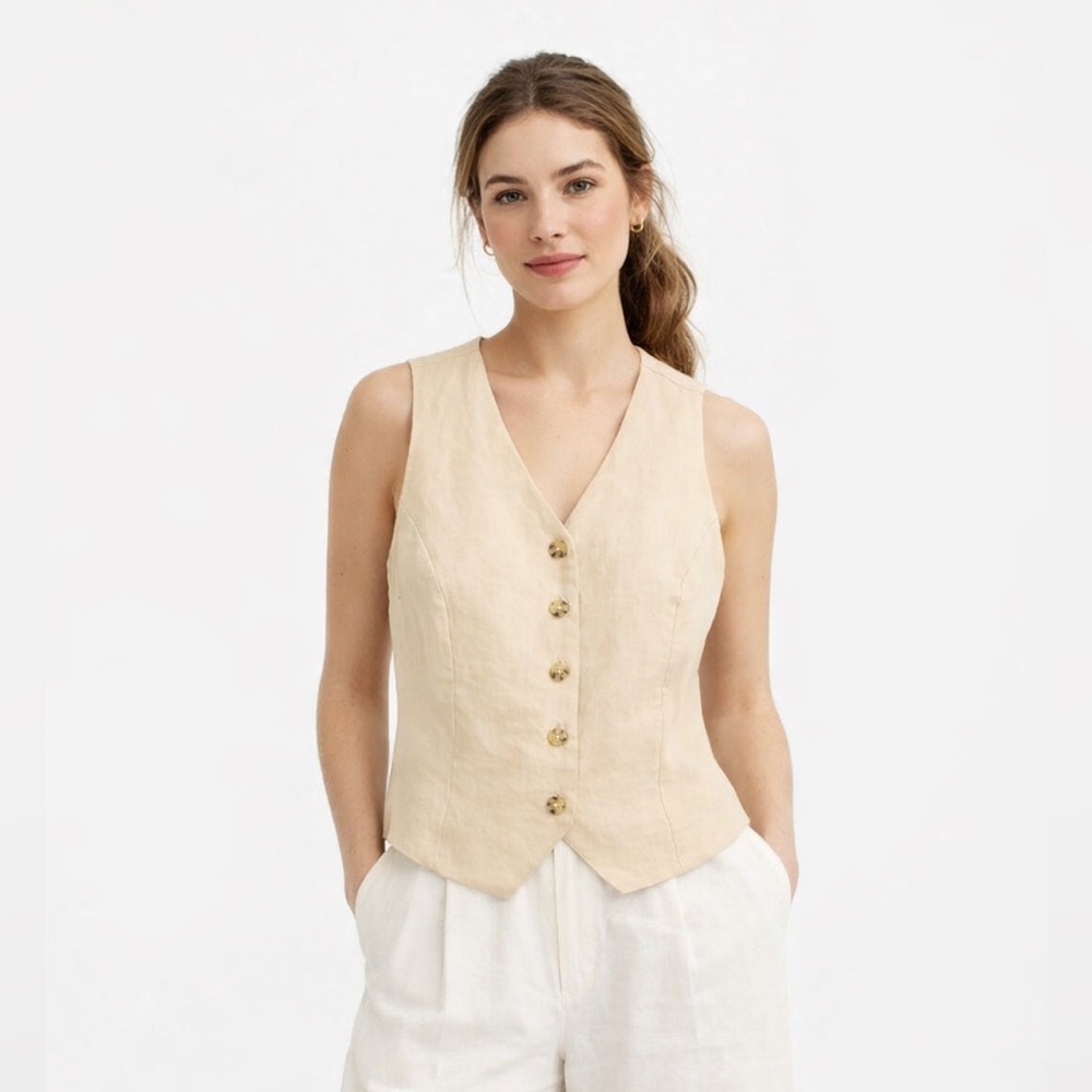 J.Crew Luxury Linen Beige Button-Up Vest Size 6